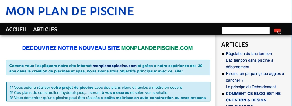 Capture d'écran de l'ancien blog Mon Plan de Piscine, lancé en 2013 pour accompagner les autoconstructeurs