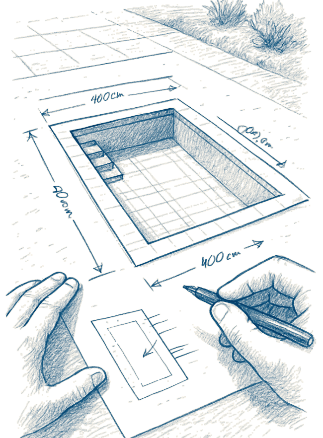 Croquis dessiné à la main représentant une idée de piscine rectangulaire, utilisé comme base pour concevoir un plan adapté