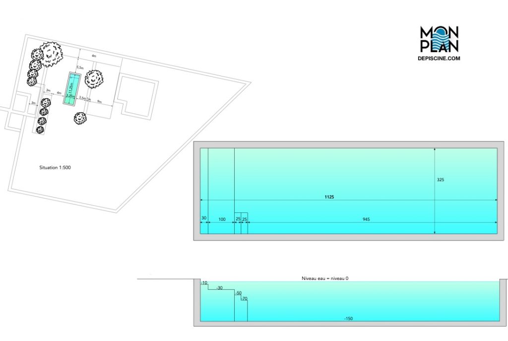 Plan technique d’une piscine rectangulaire avec plan de coupe et implantation sur terrain