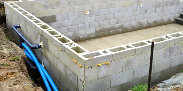 Piscine en construction avec radier béton et parois en blocs à bancher, mise en place des canalisations et pièces à sceller.