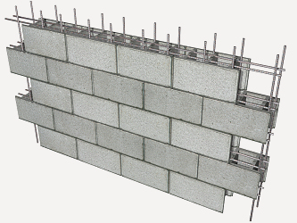 Montage d’un mur de piscine en blocs à bancher avec ferraillage intégré.