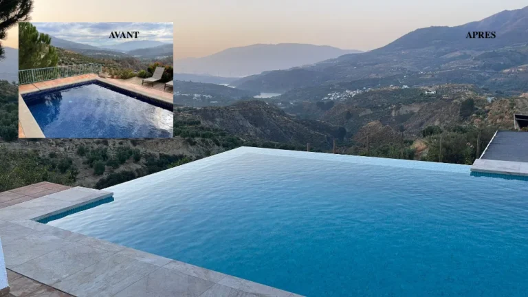 Avant-après de la transformation d'une piscine à skimmers en piscine à débordement avec vue panoramique