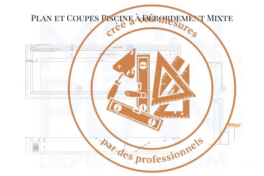 Plan de construction et coupes piscine à débordement mixte - vue en plan et coupes cotées, zones cascade et miroir - PDF - Echelle 1/50