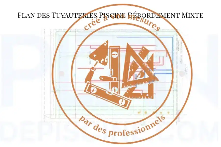 Plan des réseaux hydrauliques piscine à débordement mixte - tracé des tuyaux et positionnement des pièces à sceller, plan PDF échelle 1:50