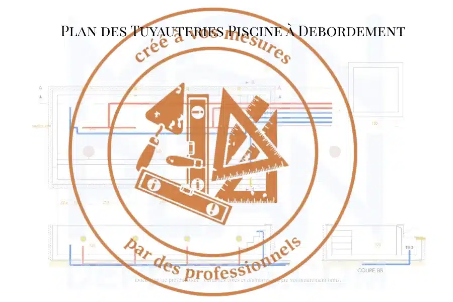 Plan des réseaux hydrauliques piscine à débordement - tracé des tuyaux et positionnement des pièces à sceller, plan PDF échelle 1:50