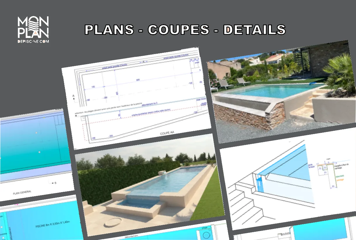 Exemples de plans de construction et coupes de piscine avec photos de réalisations