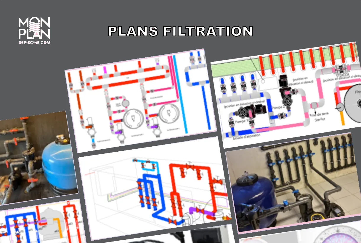 Exemples de plans d'installation de filtration de piscine et photos de locaux techniques réalisés