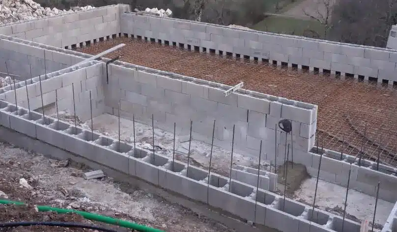 Local technique et piscine en cours de construction avec murs en blocs à bancher et ferraillage avant coulage du béton