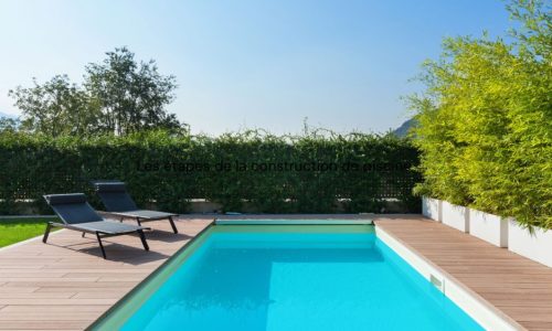 Piscine rectangulaire finie avec terrasse en bois et transats, illustrant les étapes de la construction de piscine