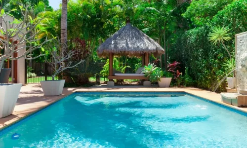 Piscine enterrée dans un jardin tropical avec paillote et végétation luxuriante
