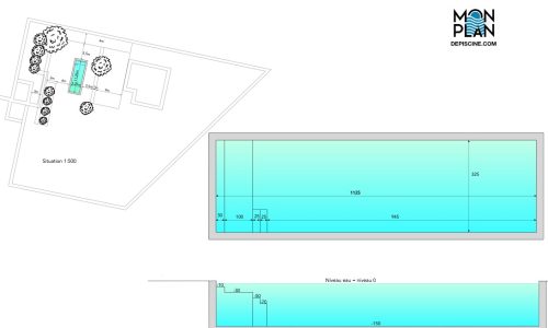 Plan technique d’une piscine rectangulaire avec plan de coupe et implantation sur terrain